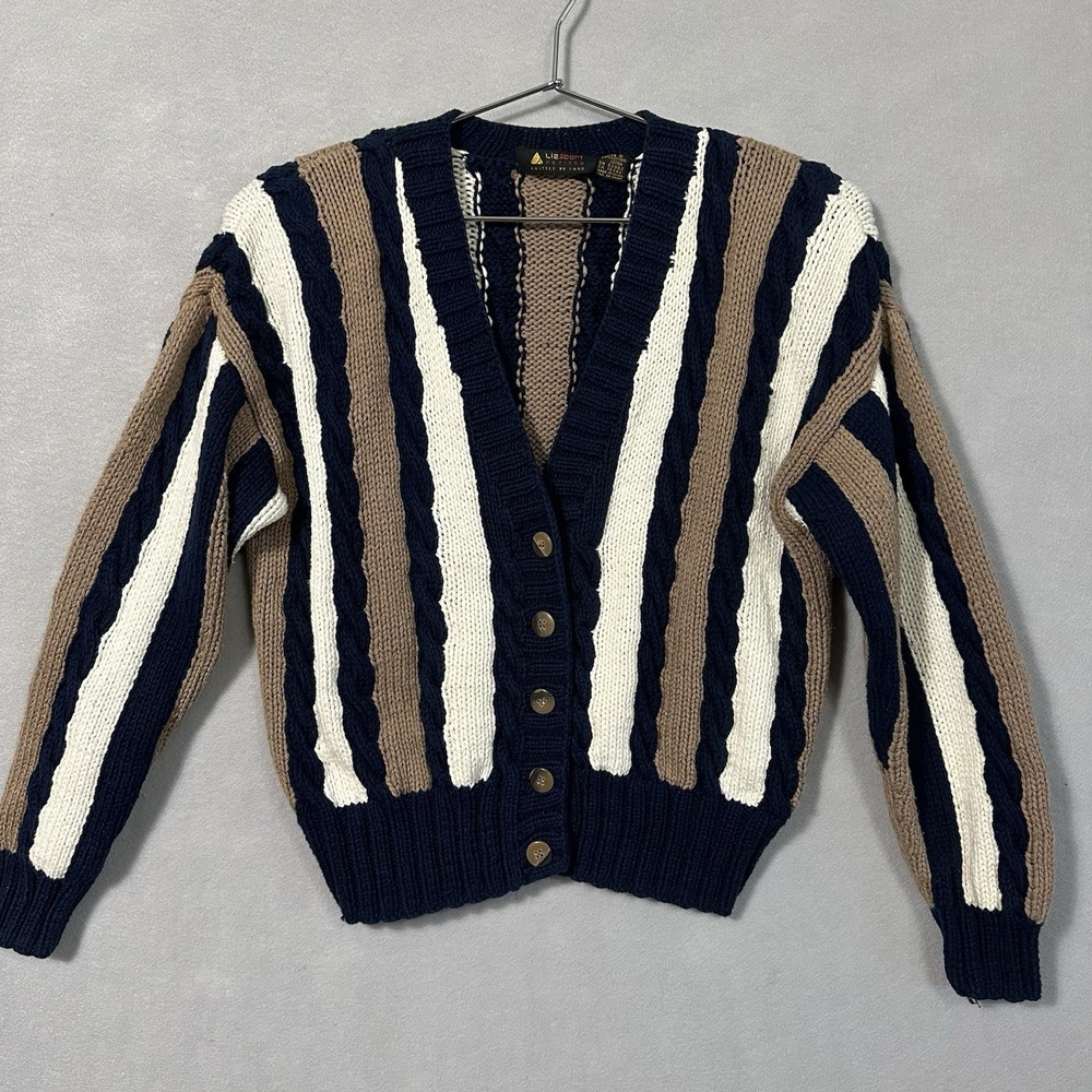 Vtg Cable Knit Cardigan‎ Sweater Fisherman V-Neck Womens Petite Small Striped